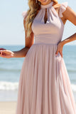 Candy Pink A Line Keyhole Long Halter Bridesmaid Dress