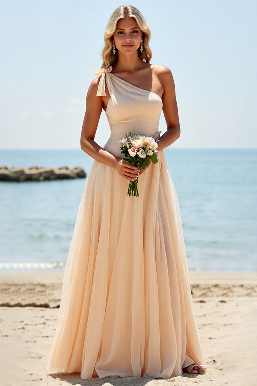 Apricot Tulle One Shoulder Long A Line Bridesmaid Dress