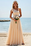Apricot Tulle One Shoulder Long A Line Bridesmaid Dress