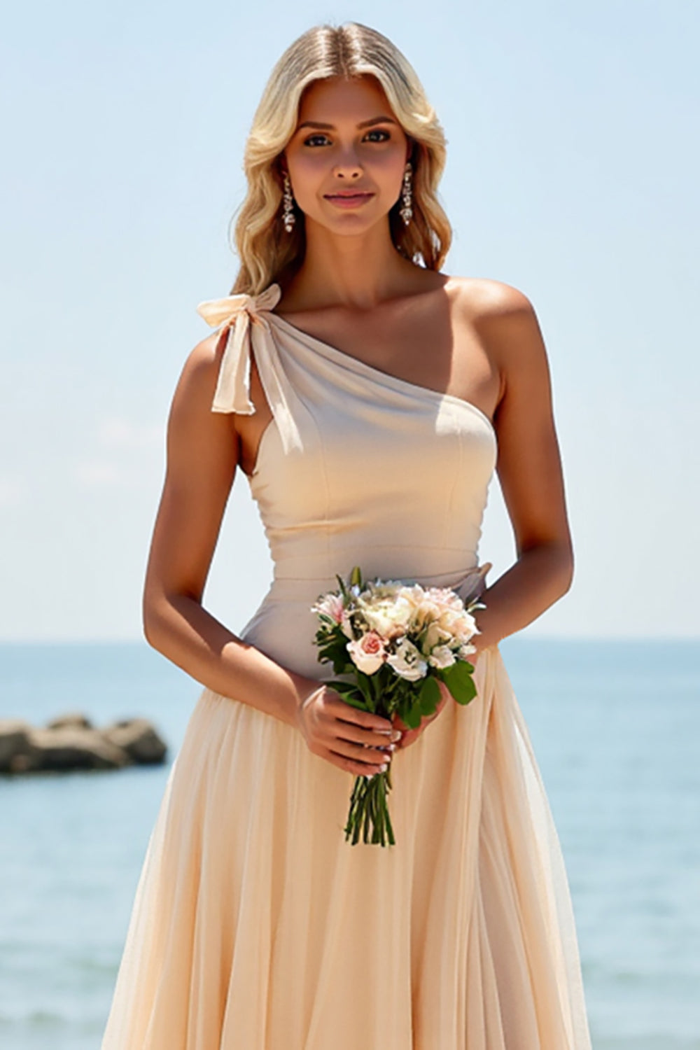 Apricot Tulle One Shoulder Long A Line Bridesmaid Dress