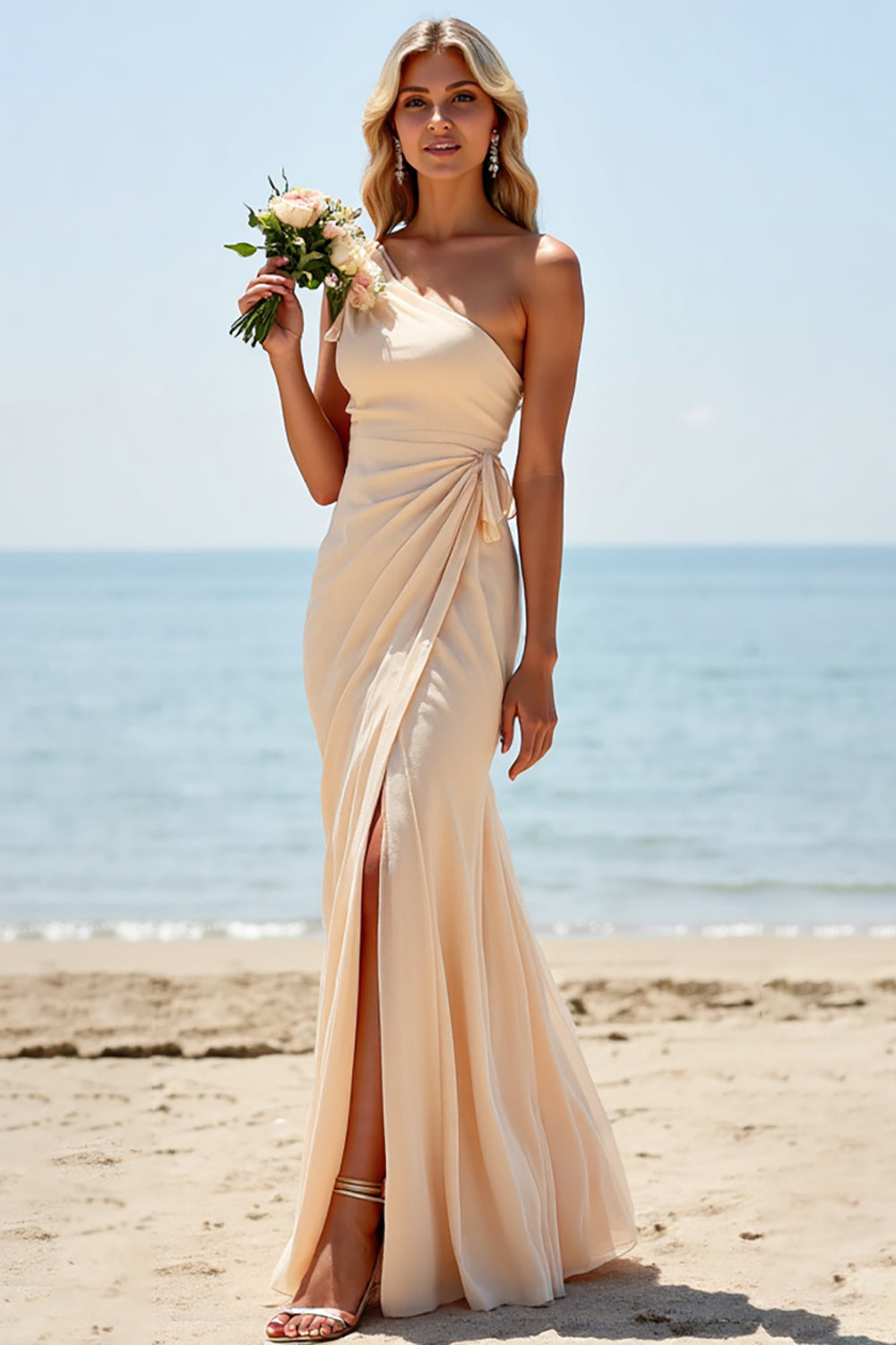 Apricot Sheath One Shoulder Long Ruched Bridesmaid Dress with Slit