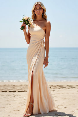 Apricot Sheath One Shoulder Long Ruched Bridesmaid Dress with Slit