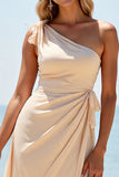 Apricot Sheath One Shoulder Long Ruched Bridesmaid Dress with Slit