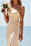 Apricot Sheath One Shoulder Long Ruched Bridesmaid Dress with Slit