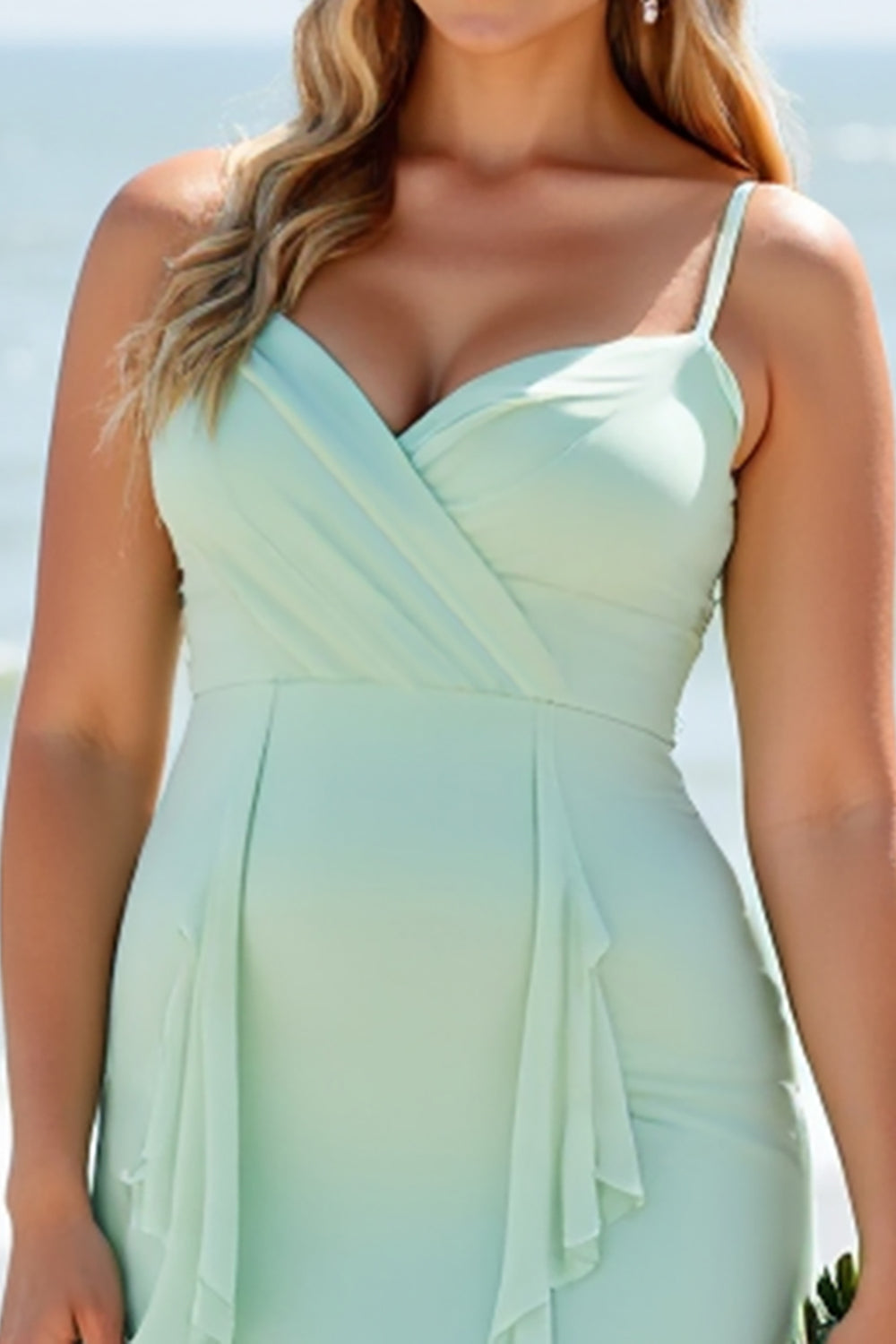 Mint Green Chiffon A Line Long V-Neck Bridesmaid Dress with Ruffles