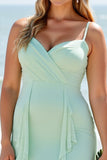 Mint Green Chiffon A Line Long V-Neck Bridesmaid Dress with Ruffles
