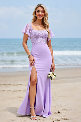 Lilac Chiffon Flutter Sleeves Mermaid Long Bridesmaid Dress with Slit