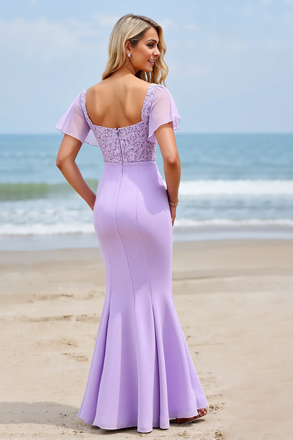 Lilac Chiffon Flutter Sleeves Mermaid Long Bridesmaid Dress with Slit