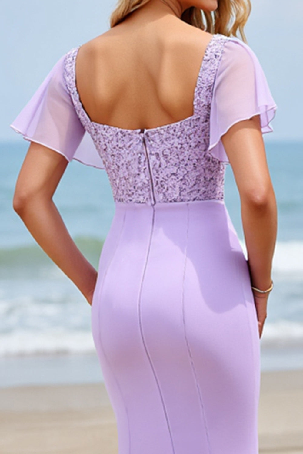 Lilac Chiffon Flutter Sleeves Mermaid Long Bridesmaid Dress with Slit