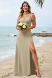 Olive Sheath Satin V-Neck Long Bridesmaid Dress with Slit
