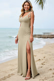 Olive Sheath Satin V-Neck Long Bridesmaid Dress with Slit