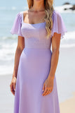 Lilac Satin A Line Square Neck Long Bridesmaid Dress with Beading