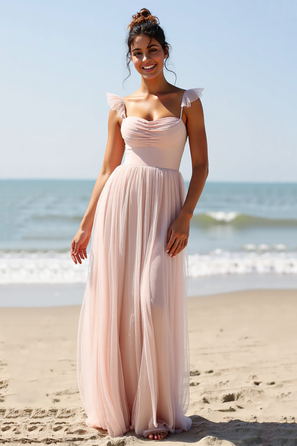 Candy Pink A Line Long Pleated Bridesmaid Dress with Slit