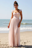Candy Pink A Line Long Pleated Bridesmaid Dress with Slit