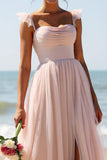 Candy Pink A Line Long Pleated Bridesmaid Dress with Slit