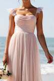 Candy Pink A Line Long Pleated Bridesmaid Dress with Slit