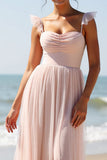 Candy Pink A Line Long Pleated Bridesmaid Dress with Slit