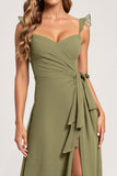 Olive A Line Chiffon Long Ruffled Bridesmaid Dress with Slit
