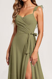 Olive A Line Chiffon Long Ruffled Bridesmaid Dress with Slit