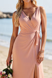 Blush Satin Sheath V-Neck Long Ruched Bridesmaid Dress with Slit