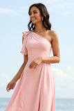 Blush One Shoulder Boho Long Bridesmaid Dress with Ruffles