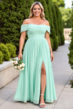 Mint Green A-Line Chiffon Plus Size Long Bridesmaid Dress with Slit