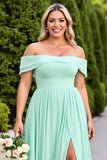 Mint Green A-Line Chiffon Plus Size Long Bridesmaid Dress with Slit
