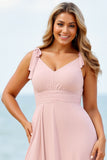 Candy Pink Chiffon V-Neck Boho Long Bridesmaid Dress with Slit