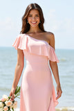Candy Pink Sheath Boho Long Bridesmaid Dress with Ruffles