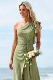 Sheath Chiffon Dusty Sage Boho Long Rufffled Bridesmaid Dress with Slit