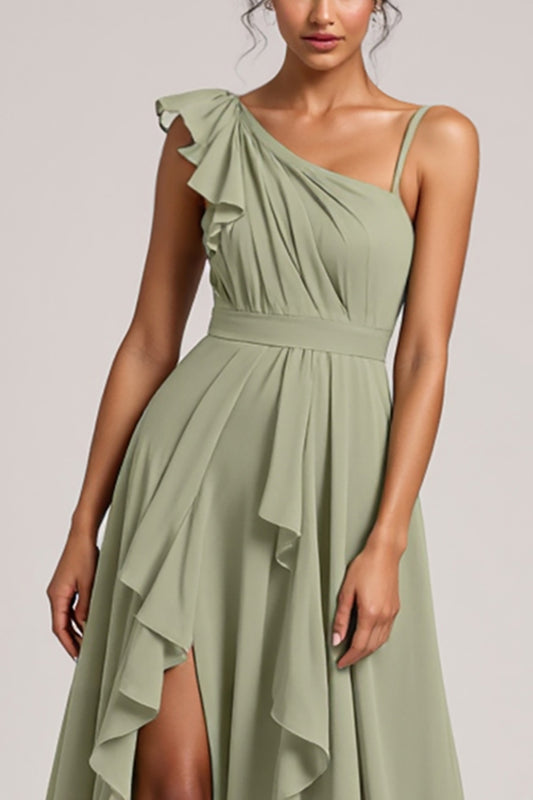 A Line Chiffon Ruffled Dusty Sage Long Bridesmaid Dress with Slit