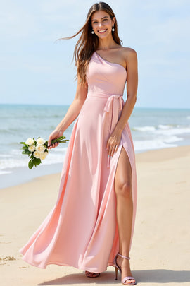 One Shoulder Candy Pink Chiffon Boho Long Bridesmaid Dress with Slit