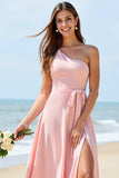 One Shoulder Candy Pink Chiffon Boho Long Bridesmaid Dress with Slit