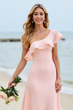 Candy Pink Boho Long Bridesmaid Dress with Ruffles