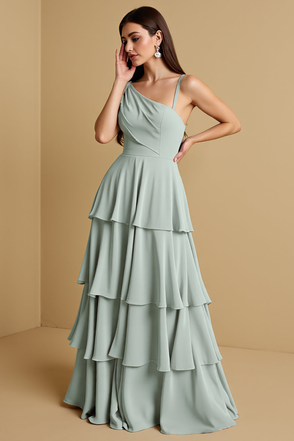One Shoulder Tiered Sage Green Long Bridesmaid Dress with Ruffles
