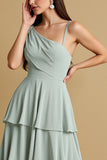 One Shoulder Tiered Sage Green Long Bridesmaid Dress with Ruffles