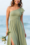One Shoulder Chiffon Dusty Sage Boho Long Bridesmaid Dress with Slit