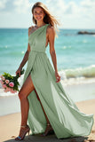 Lilac A Line One Shoulder Ruched Long Bridesmaid Dress with Slit