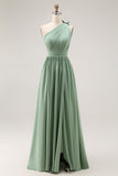 Green One Shoulder Ruched Boho Long Bridesmaid Dress with Slit
