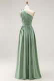 Green One Shoulder Ruched Boho Long Bridesmaid Dress with Slit