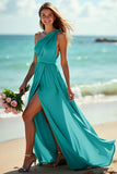 Green One Shoulder Ruched Boho Long Bridesmaid Dress with Slit