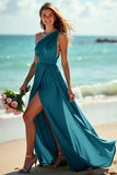 Green One Shoulder Ruched Boho Long Bridesmaid Dress with Slit