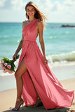Lilac A Line One Shoulder Ruched Long Bridesmaid Dress with Slit