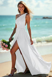 Lilac A Line One Shoulder Ruched Long Bridesmaid Dress with Slit
