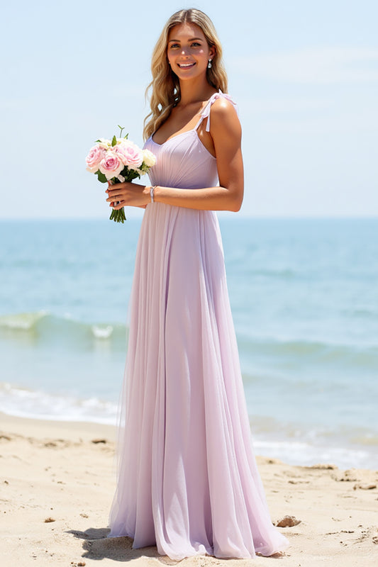 Lilac Chiffon A-Line Spaghetti Straps Boho Long Bridesmaid Dress