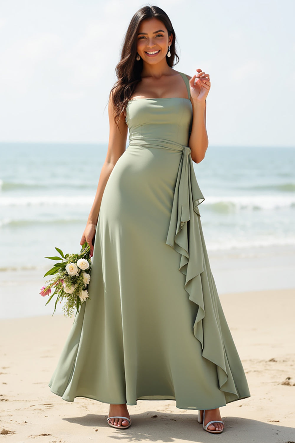 A Line Dusty Sage Boho Long Bridesmaid Dress with Ruffles