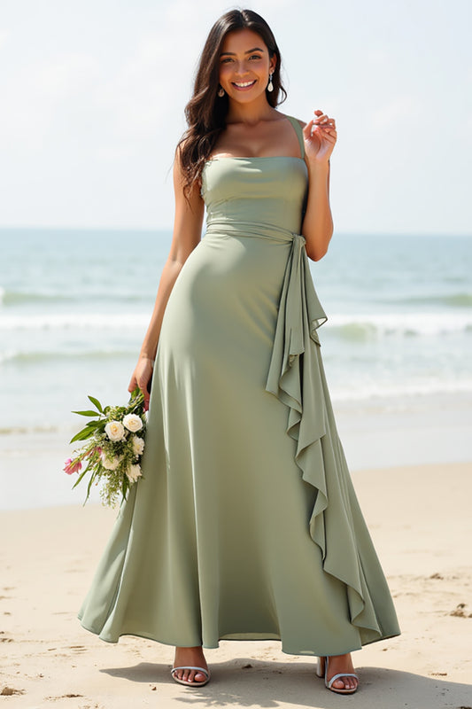 A Line Dusty Sage Boho Long Bridesmaid Dress with Ruffles