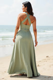 A Line Dusty Sage Boho Long Bridesmaid Dress with Ruffles