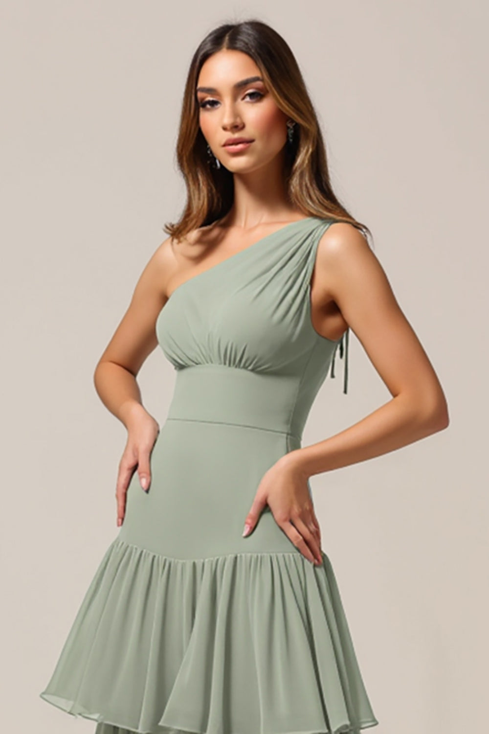 Sage Green Chiffon Tiered Boho Long Bridesmaid Dress with Ruffles