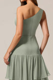 Sage Green Chiffon Tiered Boho Long Bridesmaid Dress with Ruffles